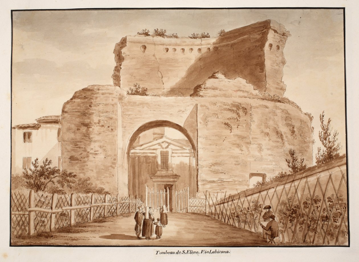 Szent Heléna sírja, Via Labicana, 1833 (metszet barna mosással) alkotó: Agostino Tofanelli