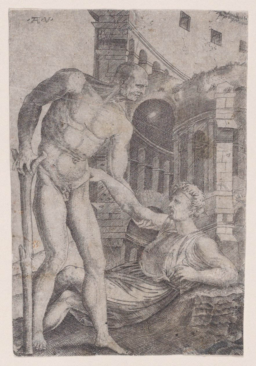 Egy ember, aki a másikat talpra segíti, kb. 1514-36. alkotó: Agostino Veneziano
