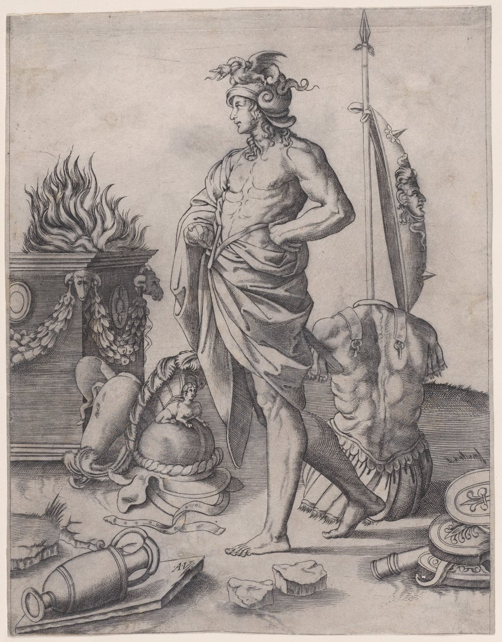 Egy fiatal hős egy oltár közelében, kb. 1514-36. alkotó: Agostino Veneziano