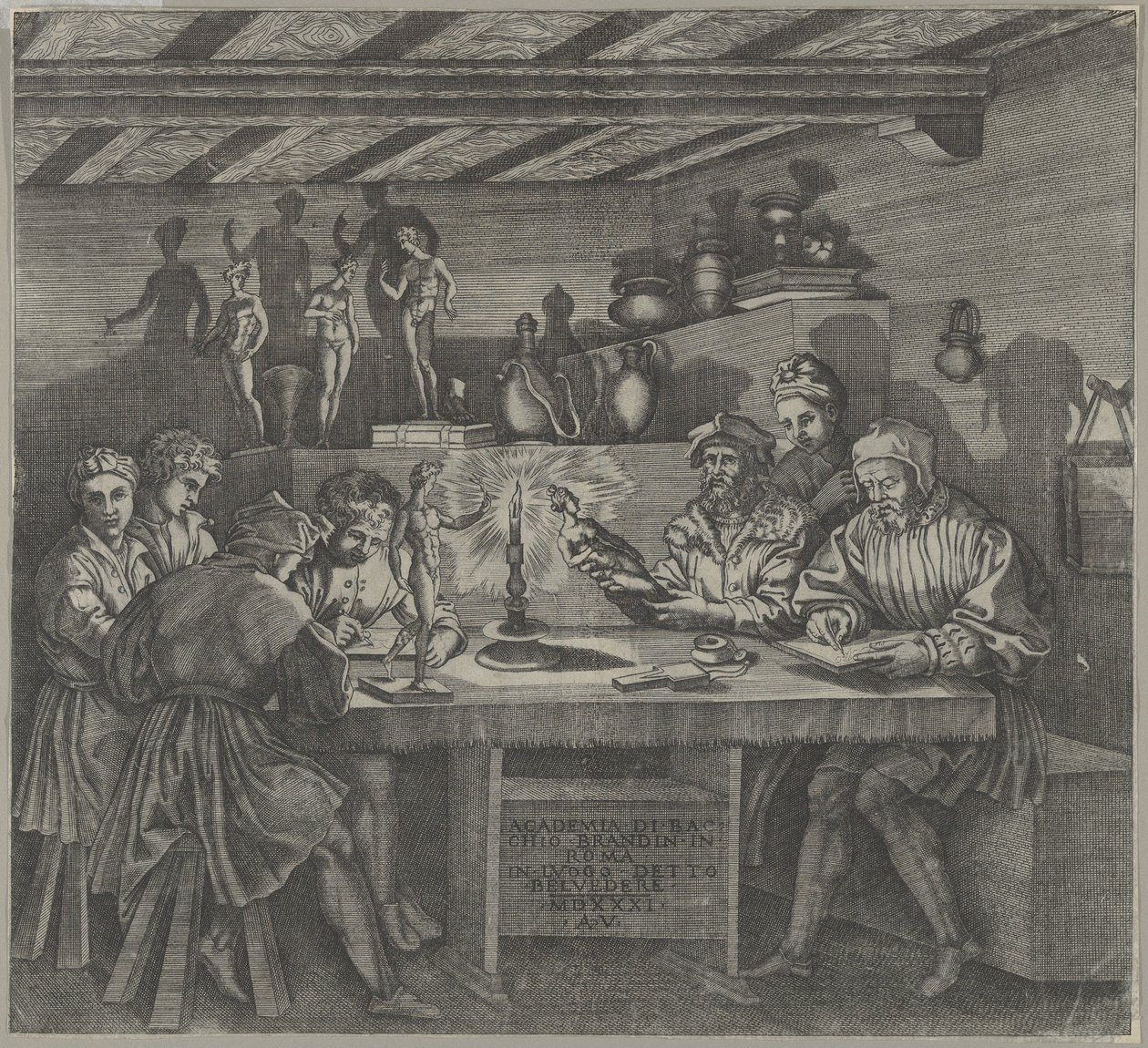 Baccio Bandinelli műtermében Vénusz szobrocskával a kezében, diákok vázlatot készítenek egy mo...ból, 1531. alkotó: Agostino Veneziano