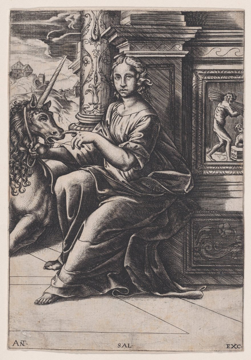 Chastity, egy nő ül, egy unikornis tőle jobbra, c. 1515-30. alkotó: Agostino Veneziano