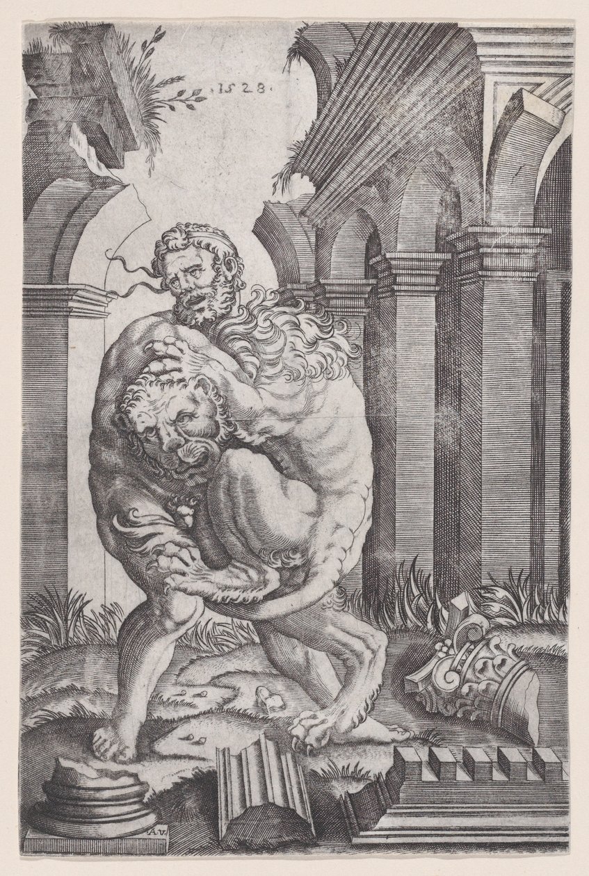 Herkules megfojtja a nemeai oroszlánt, 1528-ban. alkotó: Agostino Veneziano