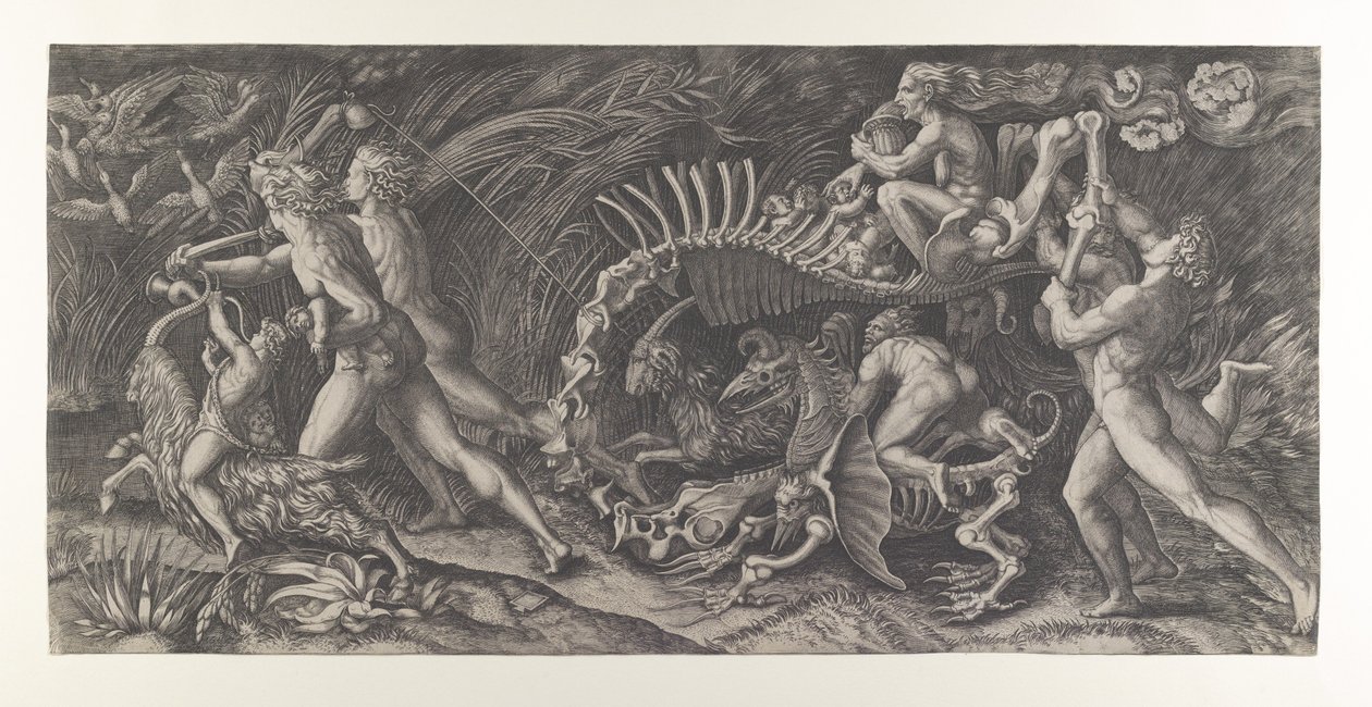 Lo Stregozzo: egy női boszorkány, aki állatcsontvázon lovagol, előtte két férfi és ..., kb. 1515-25. alkotó: Agostino Veneziano