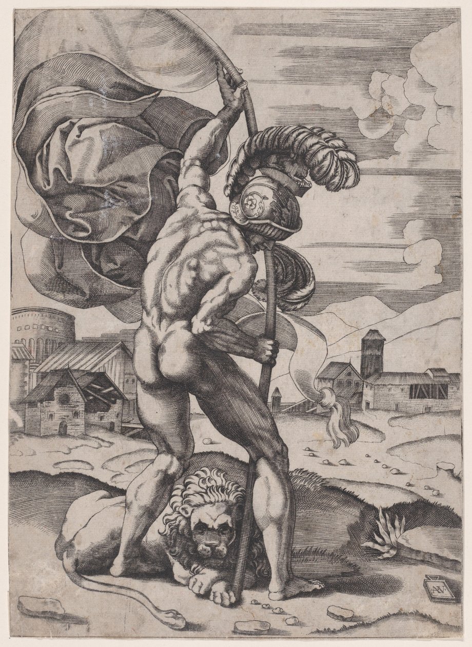 Férfi zászlóval, kb. 1514-36. alkotó: Agostino Veneziano