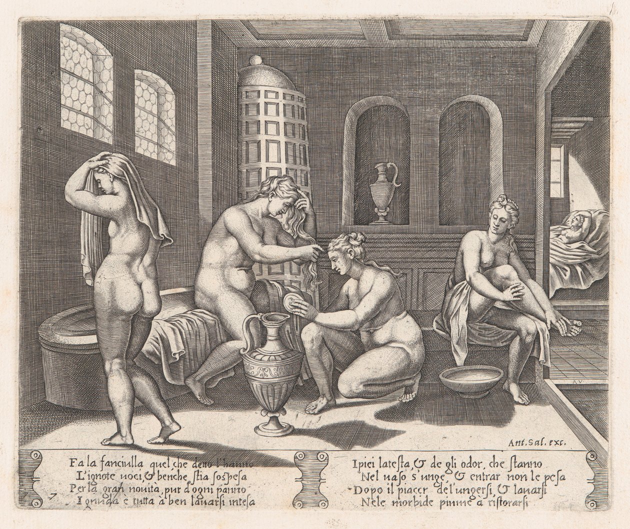 7. tábla: Psyche részt vett a fürdőjében, Ámor és Psyché történetéből, ahogy Apu..., 1530-60. alkotó: Agostino Veneziano