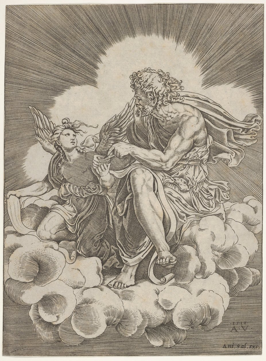 Szent Máté, aki egy felhőn ül, és egy tollat márt az angyal által tartott tintatartóba..., kb. 1518-20. alkotó: Agostino Veneziano