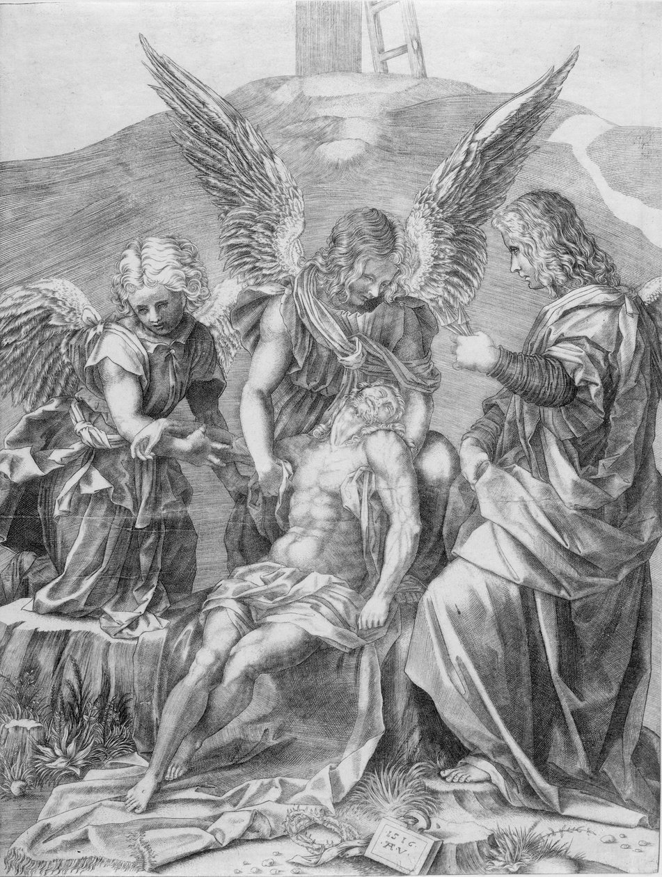 Krisztus teste három angyal által támogatott, 1516. alkotó: Agostino Veneziano