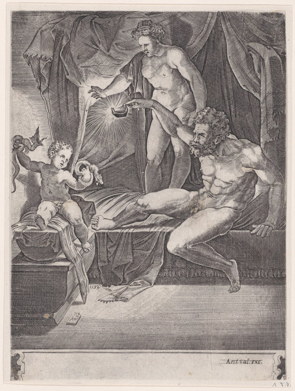 Az ifjú Herkules bölcsőjében, 1533-ban. alkotó: Agostino Veneziano