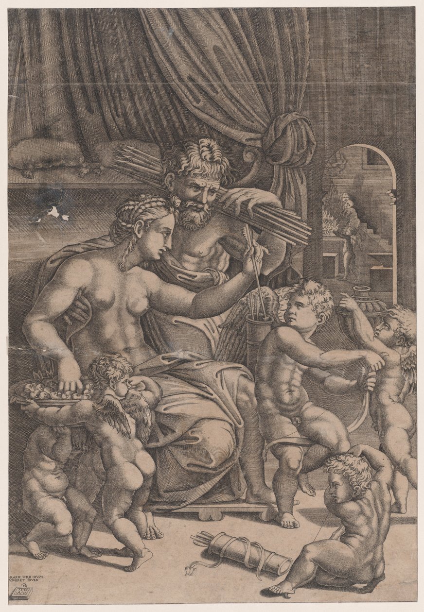 A Vénusz és a Vulkán Ámorokkal körülvéve, 1530-ban kelt. alkotó: Agostino Veneziano