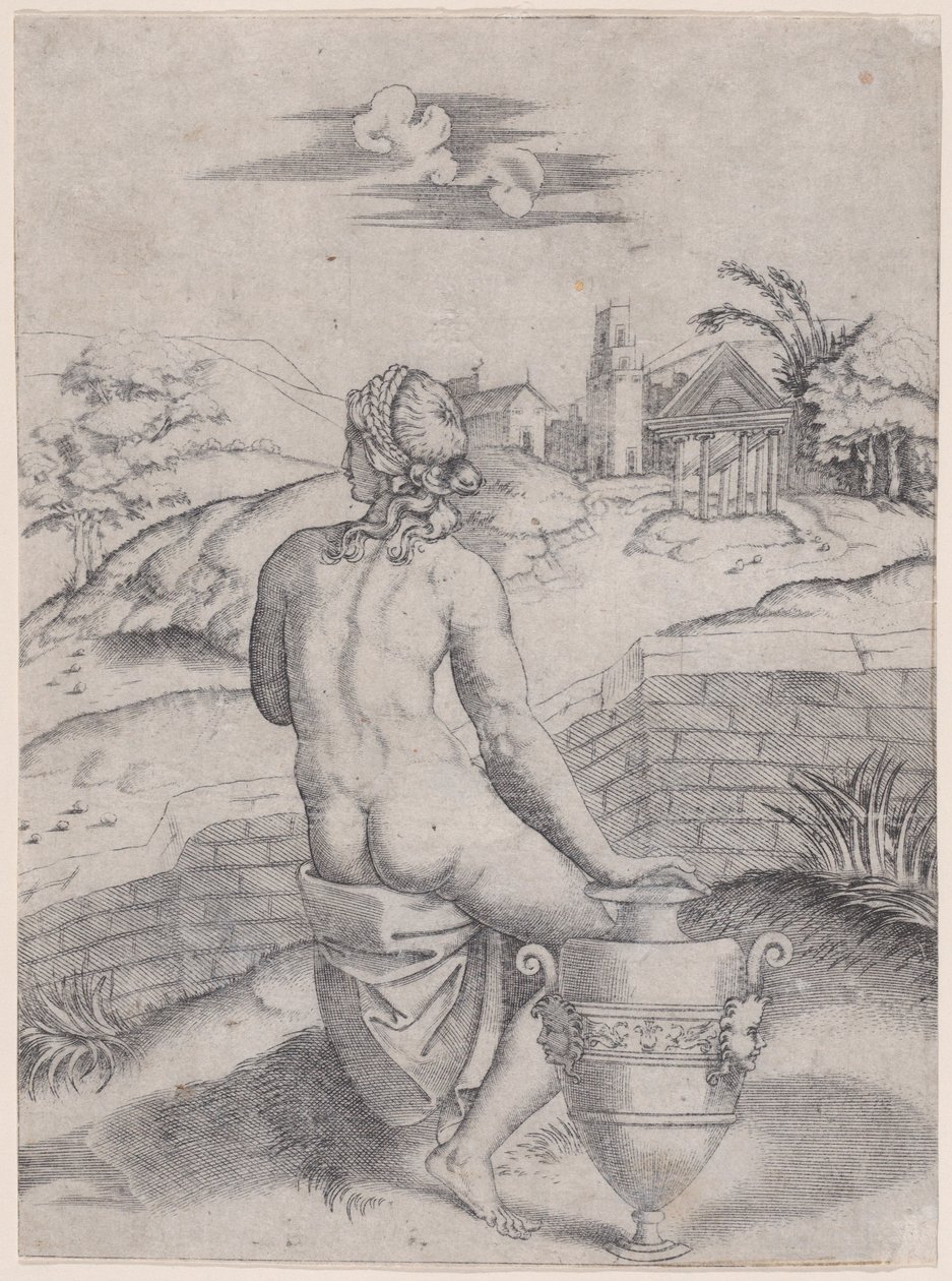 Nő ül egy váza közelében, kb. 1514-36. alkotó: Agostino Veneziano