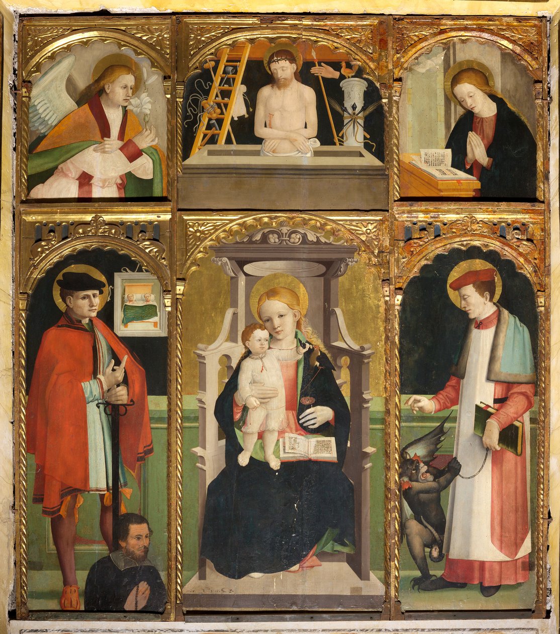 Poliptichon a Madonna és gyermeke Szent Juliánnal és Szent Bernárddal alkotó: Agostino da Casanova
