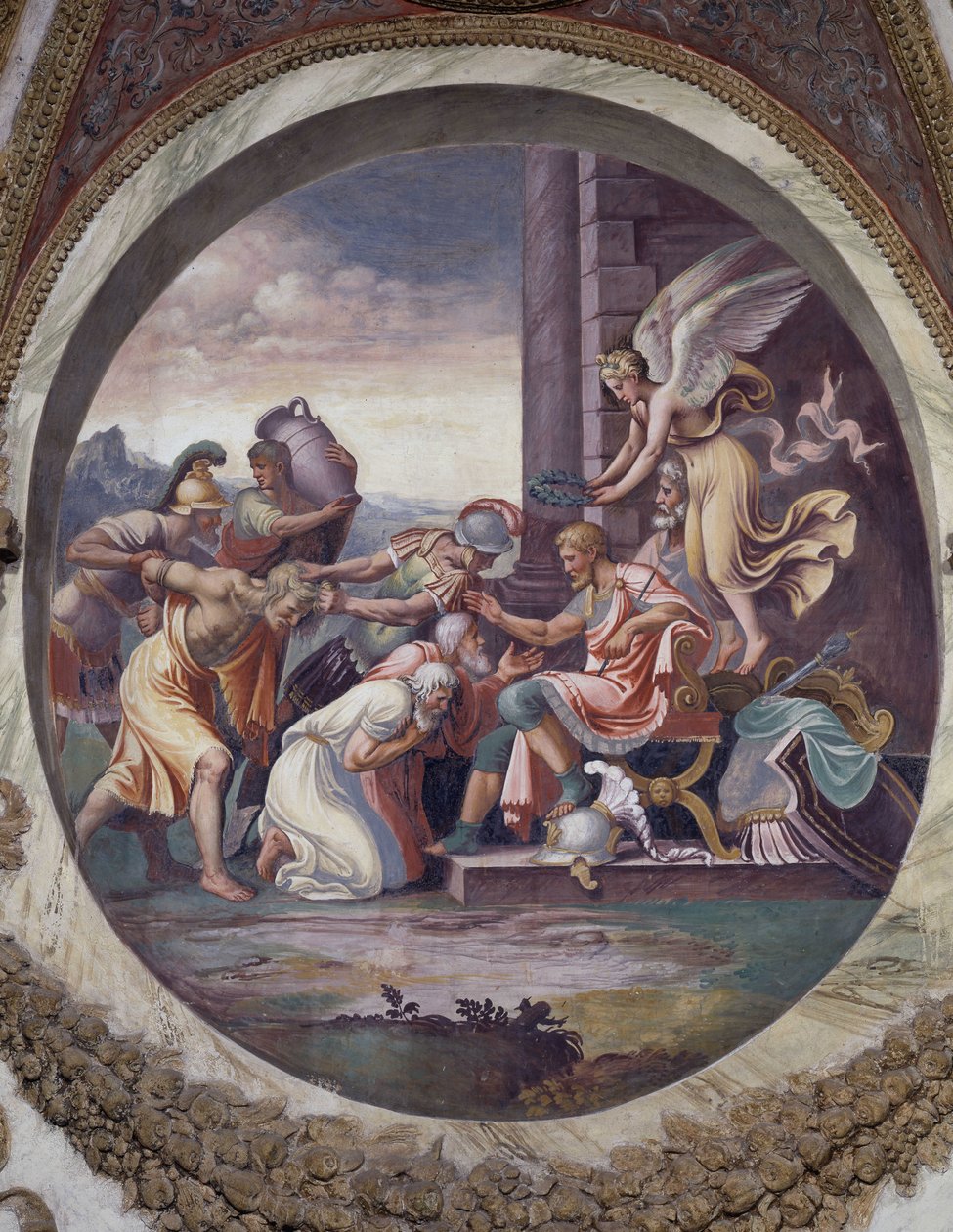 Vízöntő jegye (a Sas csillagkép): a diadal, a háború nagy erényeinek színhelye. Agostino da Mozzanega (1527-1539 között tevékenykedett) freskója 1528. A szelek (vagy a zodiákus) csarnoka Palazzo del Te, Mantova (Mantova) alkotó: Agostino da Mozzanega