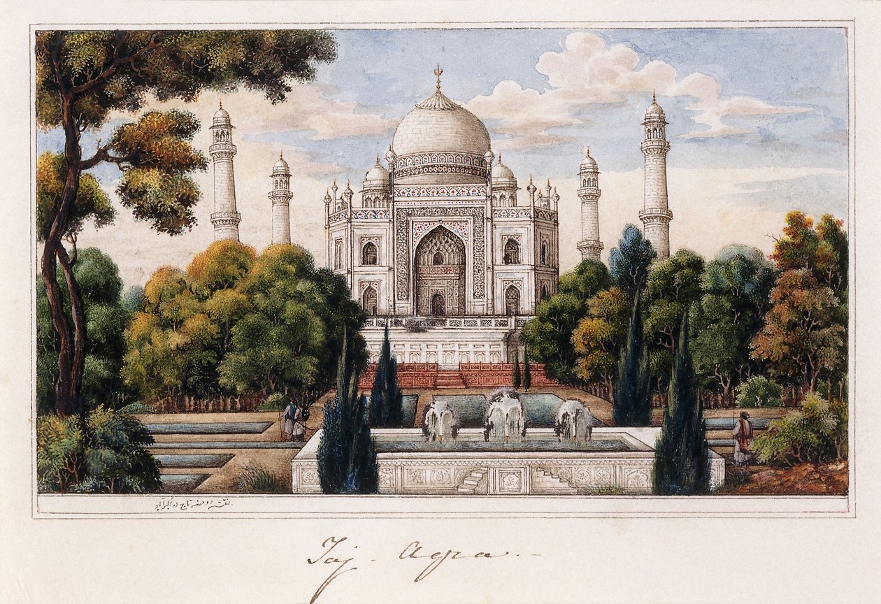A Taj Mahal a kertből, 1840 körül (toll és szürke tinta, w/c, fehér árnyalatokkal kiemelve) alkotó: Agra School