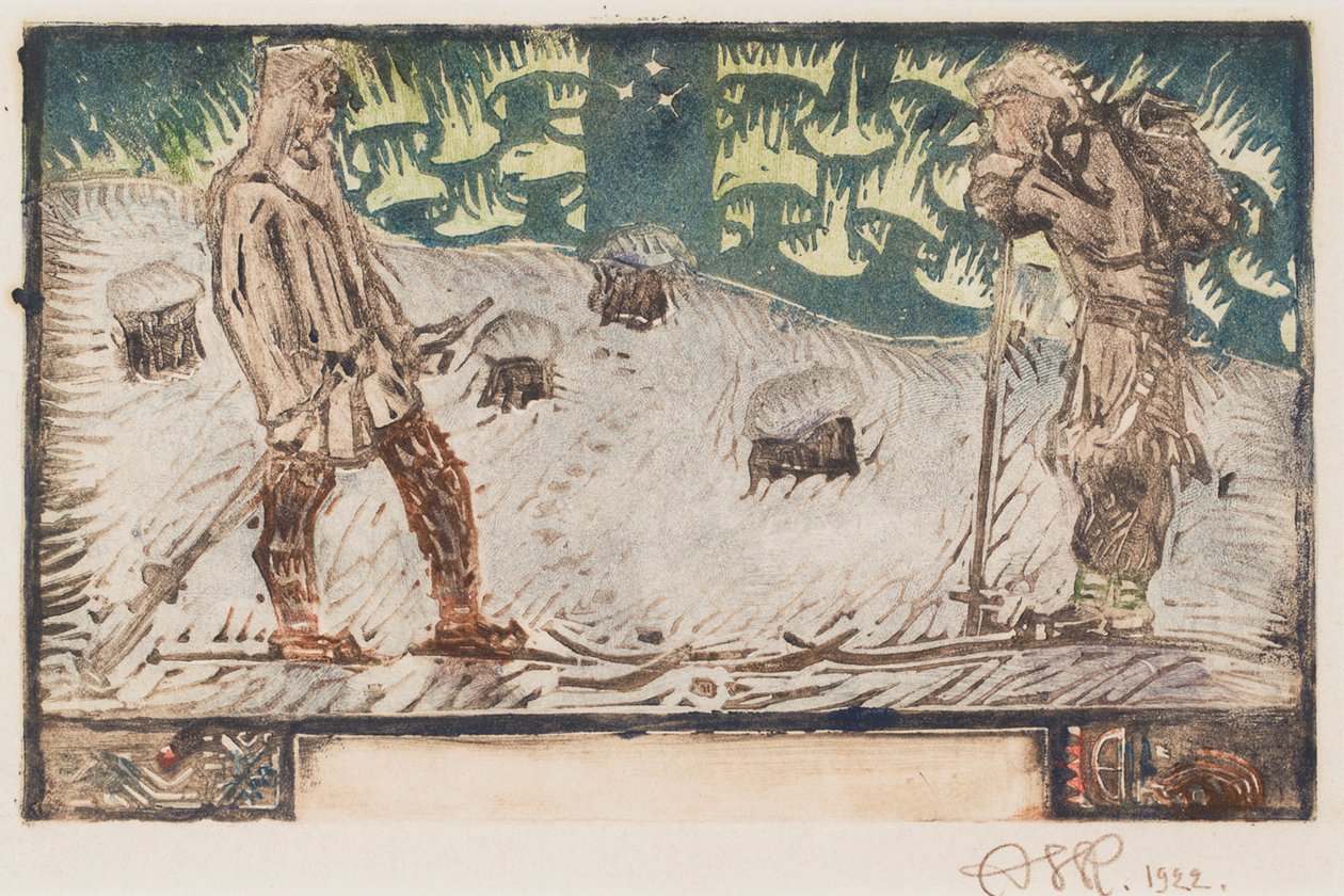 Két síelő, a Nagy Kalevala egyik verséhez készült címkép alkotó: Akseli Gallen-Kallela
