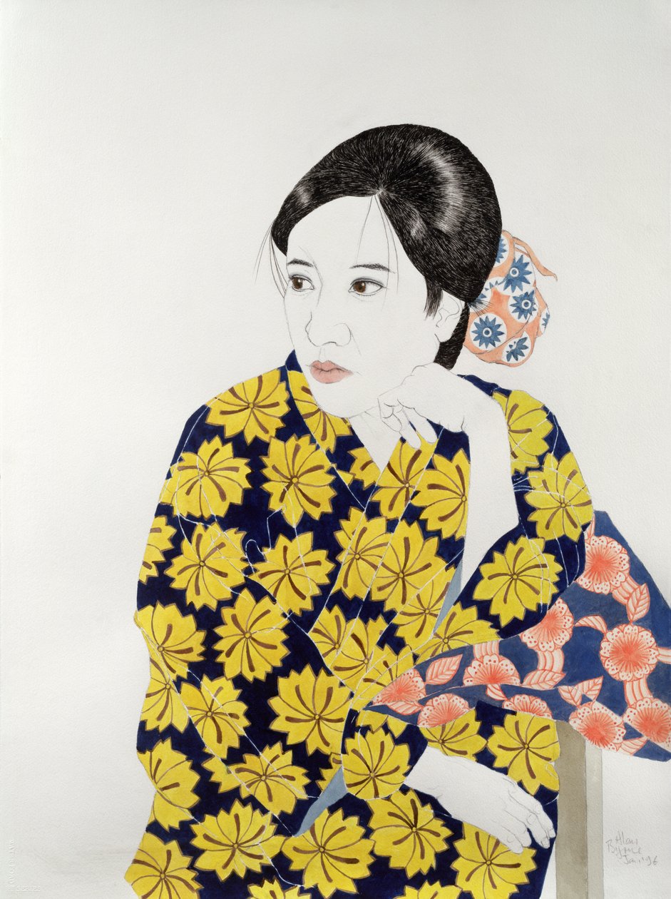 Sárga kimonó, 1996 (tinta, wc, gouache és szén papíron) alkotó: Alan Byrne