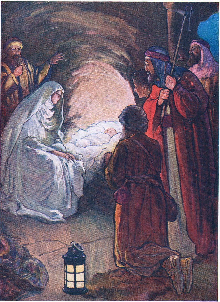 A gyermek Jézus és a pásztorok, a Thomas Nelson által kiadott The Bible Picture Book-ból, 1950 körül (színes litográfia). alkotó: Alan & Stokes George Vernon (1873 1954) Wright