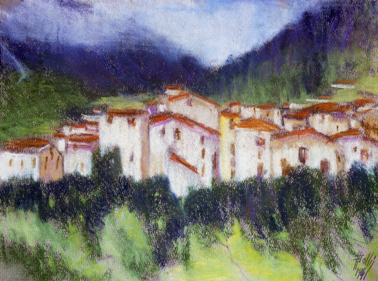 Alpesi táj, Alberico Balbi Valier (1869-1910 kb.), pasztell, papír, 24x32 cm. Olaszország alkotó: Alberico Balbi Valier