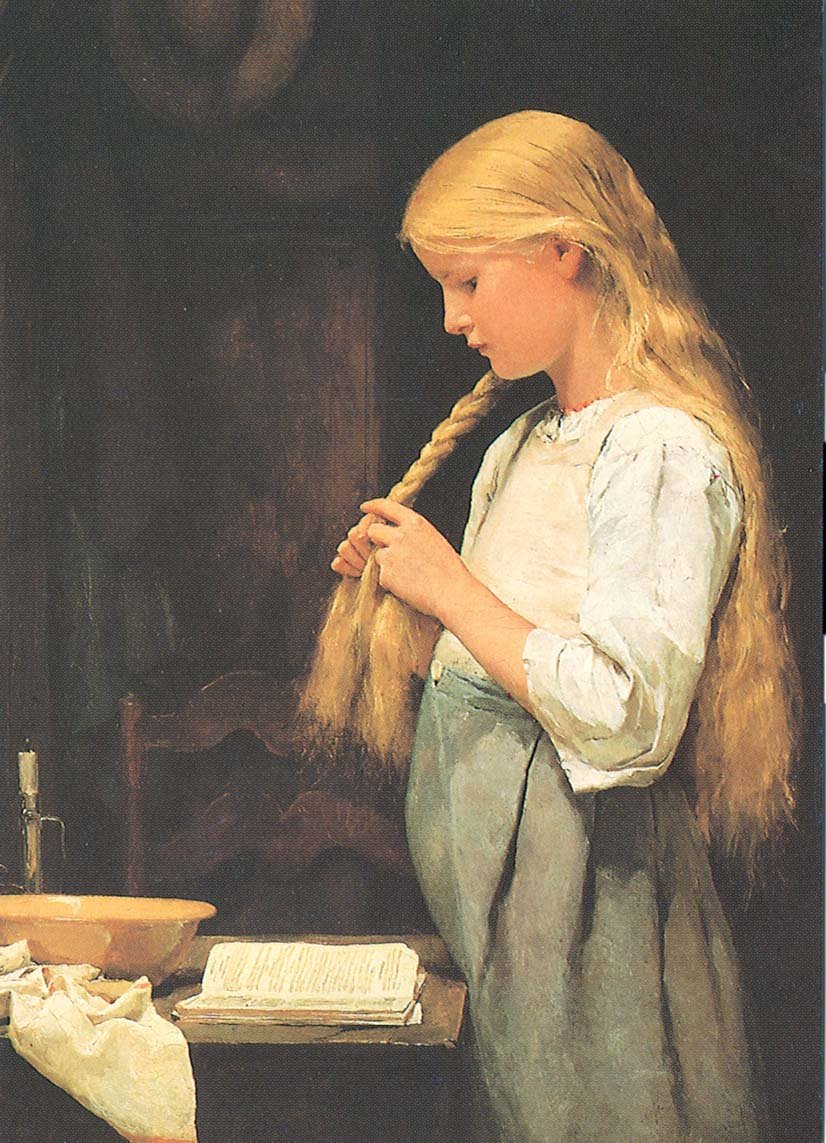 Lány fonja a haját alkotó: Albert Anker