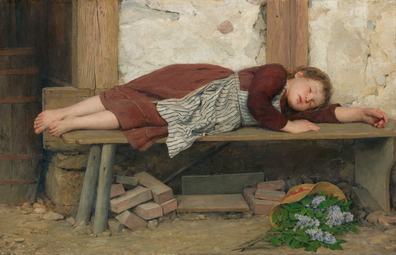 Alvó lány egy fapadon alkotó: Albert Anker