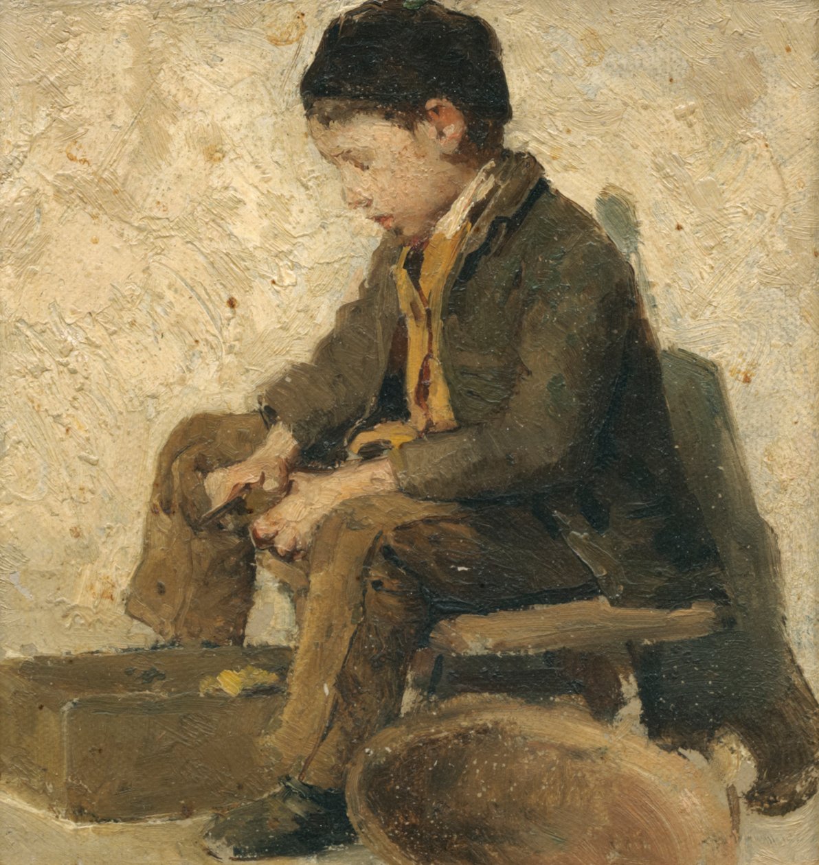 Ülő fiú, zöldségeket készít alkotó: Albert Anker