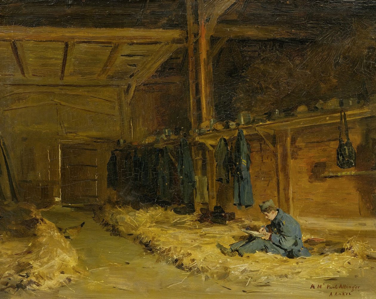Katona a szalmaboltban alkotó: Albert Anker