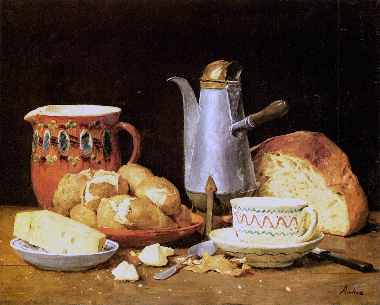 Csendélet kávéval, kenyérrel és burgonyával alkotó: Albert Anker