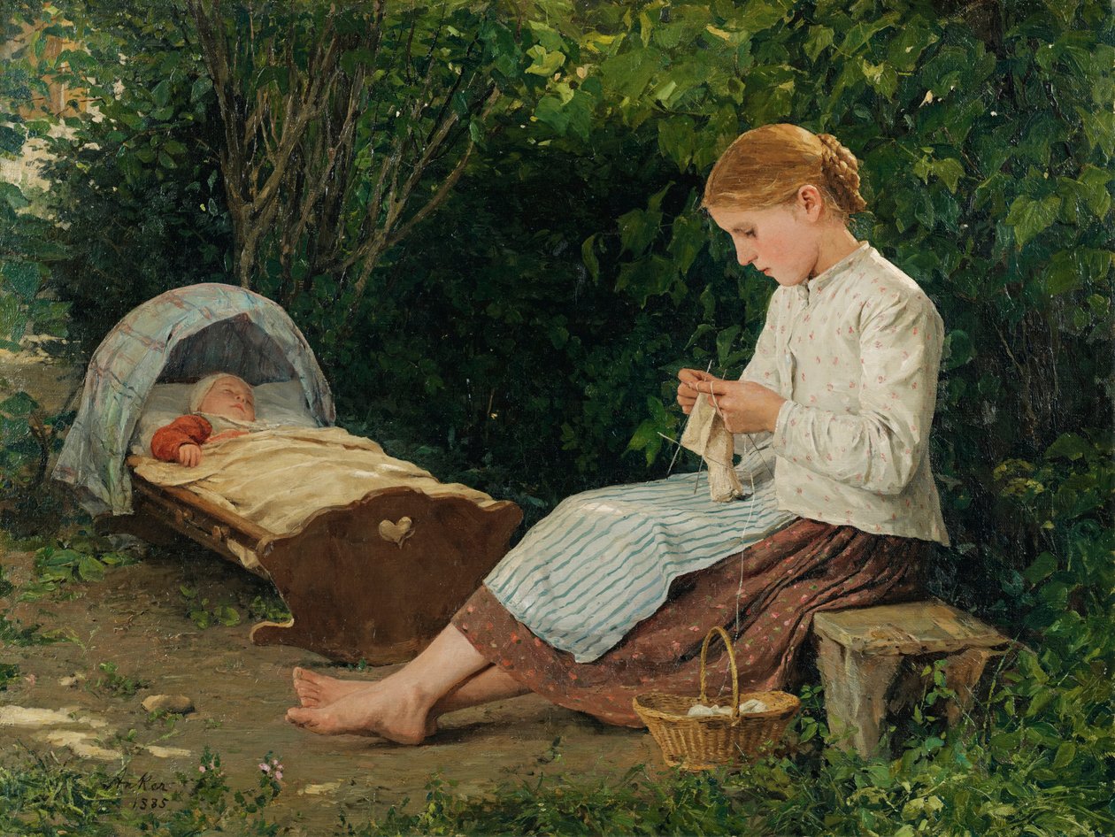 Kötő lány, kisgyermek a bölcsőben alkotó: Albert Anker