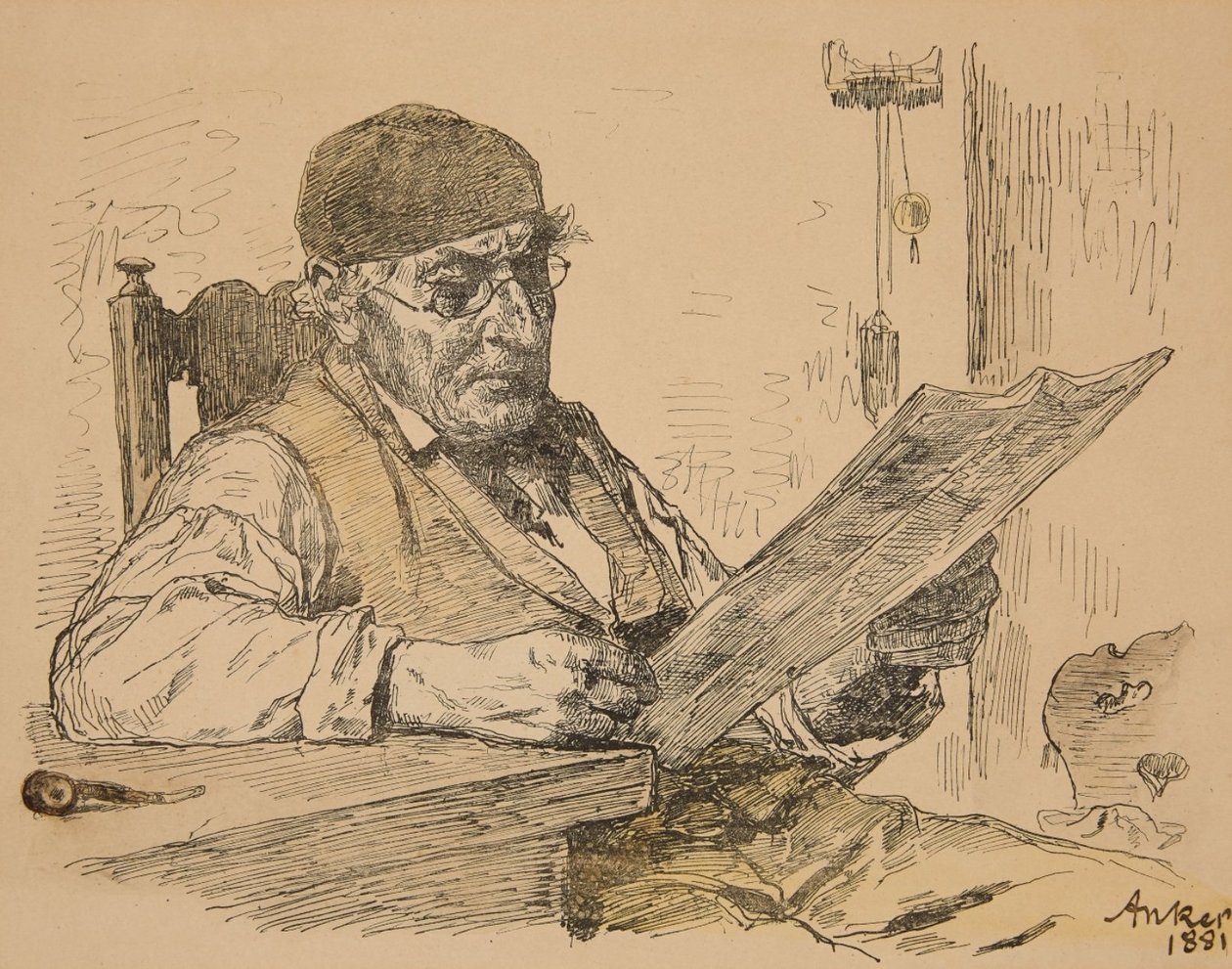 Gazda olvassa az újságot alkotó: Albert Anker
