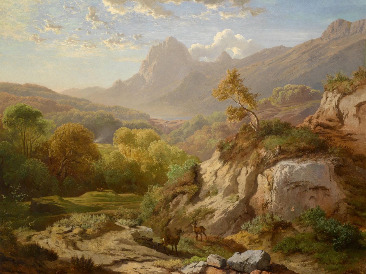 Szarvas széles hegyi tájon alkotó: Albert August Zimmermann