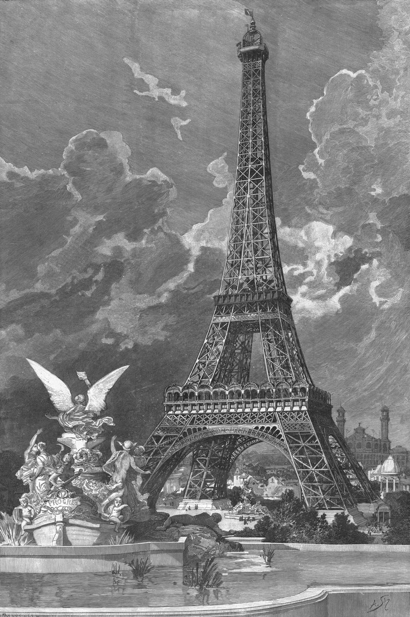 Az Eiffel-torony (1887-89) 1889-es egyetemes kiállítás Párizsban, 1888, metszet: Andre Slom vagy Slomszynski (†1909) alkotó: Albert Bellenger