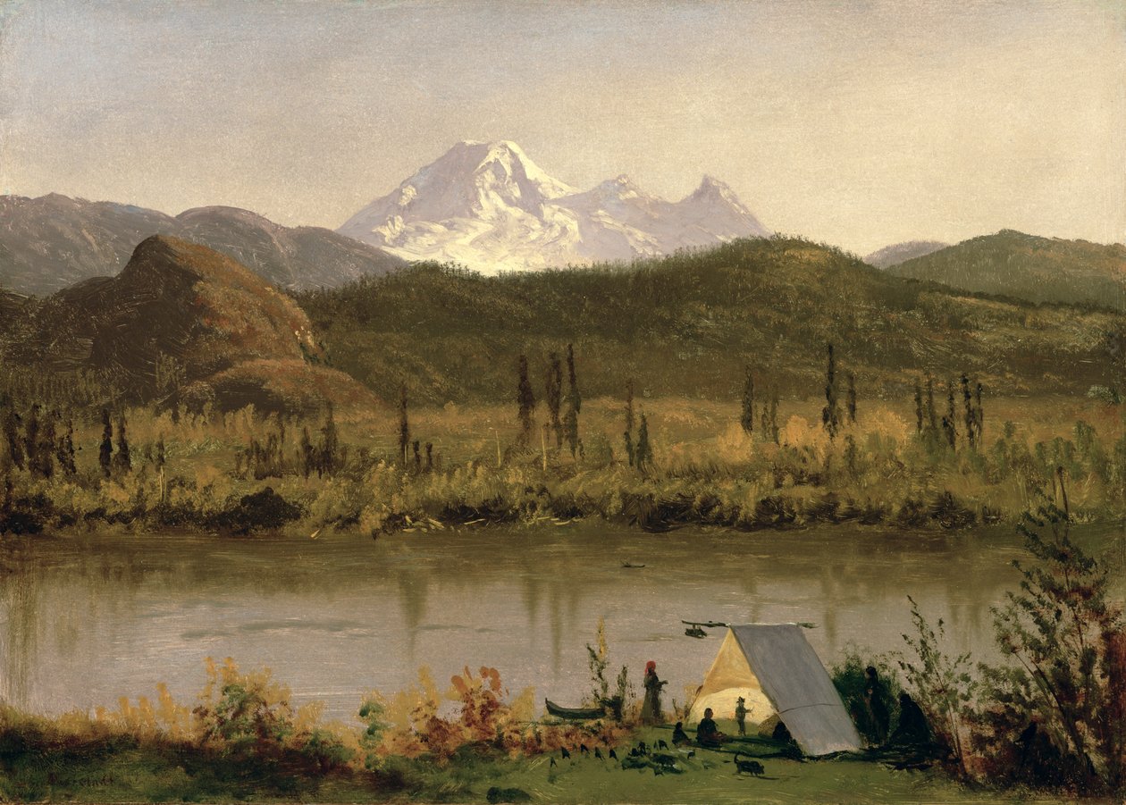 Mount Baker, Washington, a Frazier folyóról, 1889 körül (olaj, papír, vászonra festve) alkotó: Albert Bierstadt