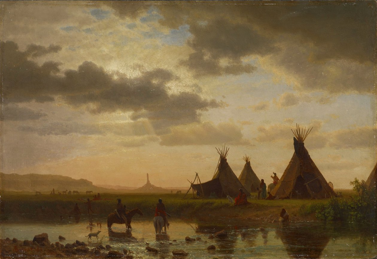 Kilátás a kémény sziklájára, Ohalilah Sioux falu az előtérben alkotó: Albert Bierstadt