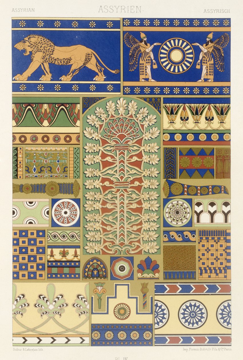 Asszír stílus, XVII. tábla a „Polychrome Ornament”-ből, Dufour és Lebreton metszetében, Párizsban, 1869-ben alkotó: Albert Charles August Racinet