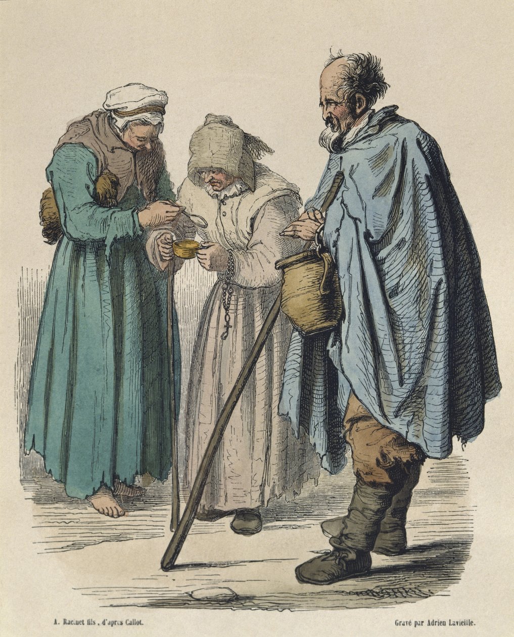Koldusok, Jacques Callot (1592-1635) nyomán Adrien Lavieille (1818-62) metszetében (színes metszet) alkotó: Albert Charles August Racinet