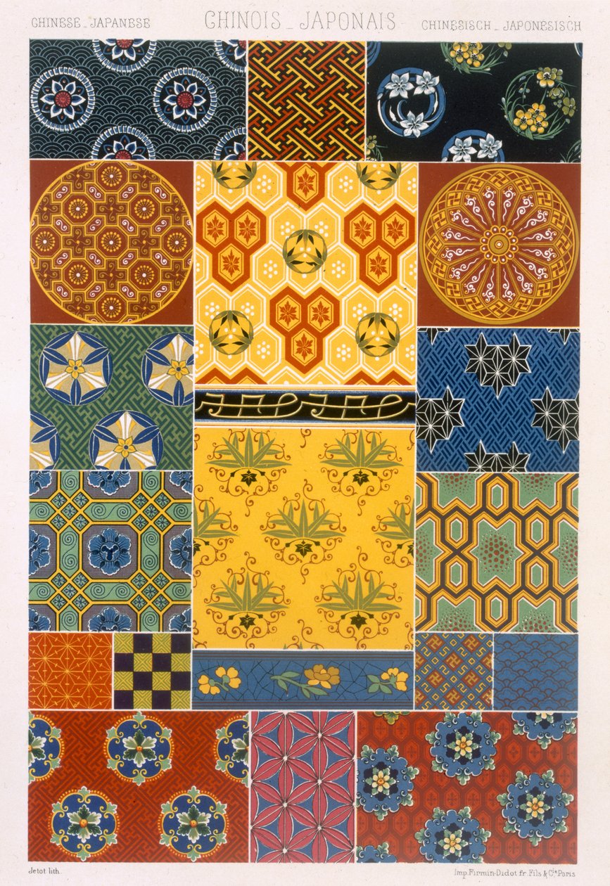 Kínai japán stílusú, XV. tábla a „Polychrome Ornament”-ből, amelyet Párizsban adtak ki 1869-ben alkotó: Albert Charles August Racinet
