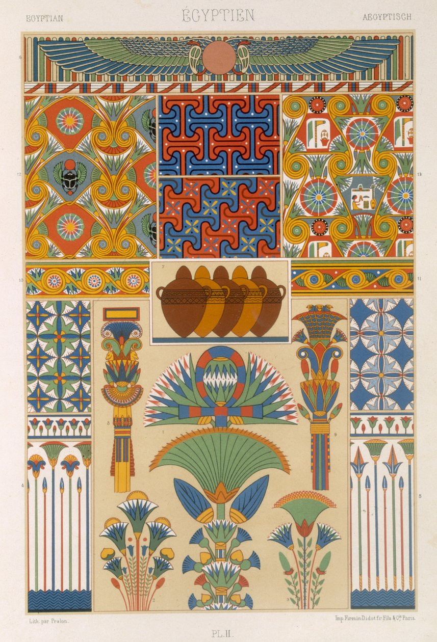 Egyiptomi stílus, II. tábla a „Polikróm Ornament”-ből, Pralon metszet, Párizs, 1869 alkotó: Albert Charles August Racinet