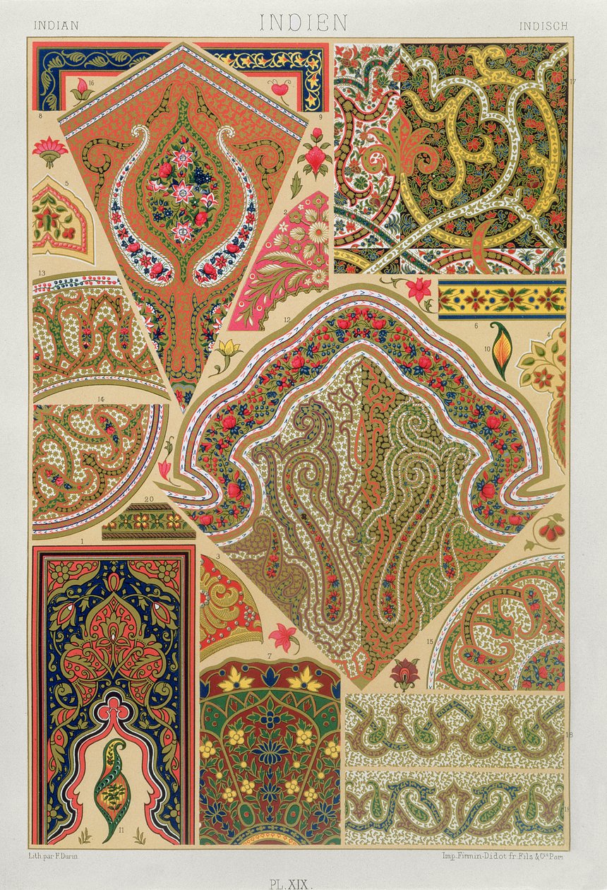Indiai díszítés, XIX. tábla a "Polychrome Ornament" című műből, metszette F. Durin, megjelent Párizsban 1869-ben. alkotó: Albert Charles August Racinet