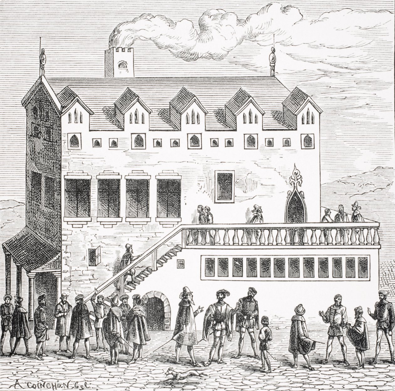 A Számvevőkamara szállodája a párizsi palota udvarában, a „Cosmographie Universelle of Munster” fametszete nyomán, Bázelben, 1552-ben, P „Le Moyen Age et La Renaissance” című művéből. alkotó: Albert Coinchon