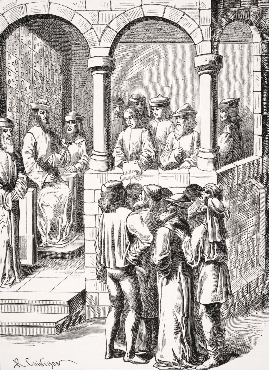Ediktum kihirdetése a 15. századi „Ancienettes des Juifs” kézirat miniatűrje után, Paul Lacroix (1806-84) „Le Moyen Age et la Renaissance” című művéből, 1847-ben megjelent. alkotó: Albert Coinchon