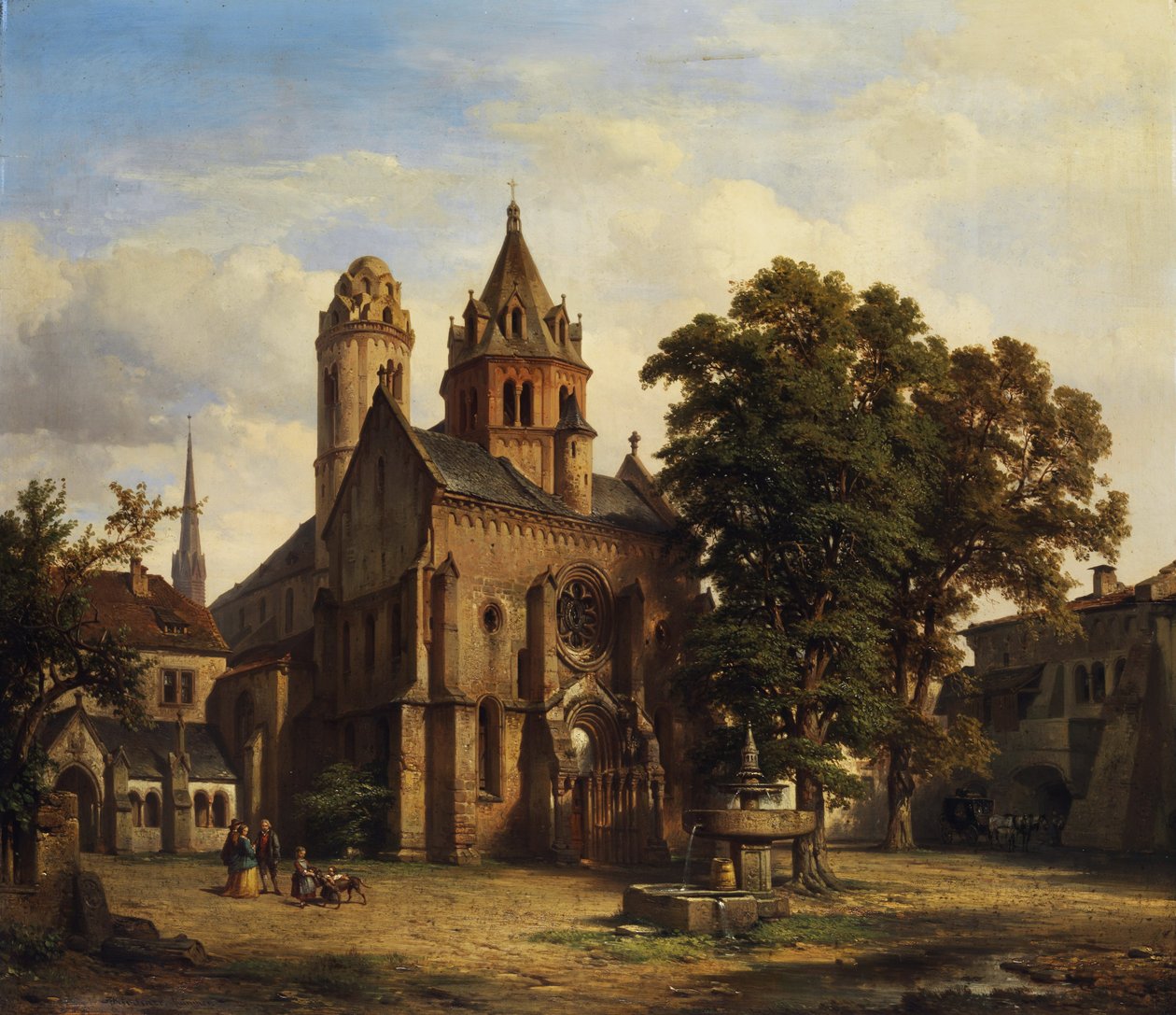 Kilátás egy román stílusú templomra. alkotó: Albert Emil Kirchner