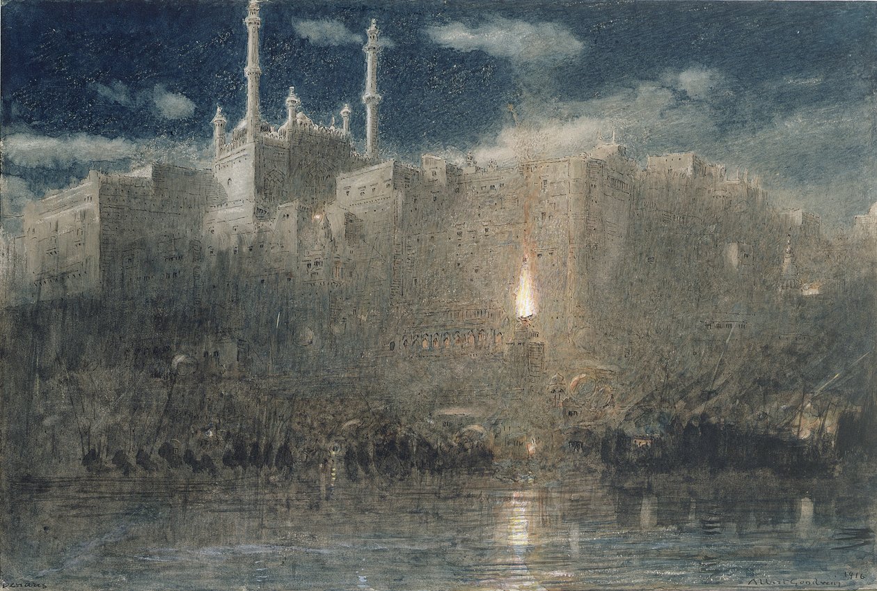 Benares holdfényben, 1916 (toll és tus, wc-vel és testfestékkel, papír) alkotó: Albert Goodwin