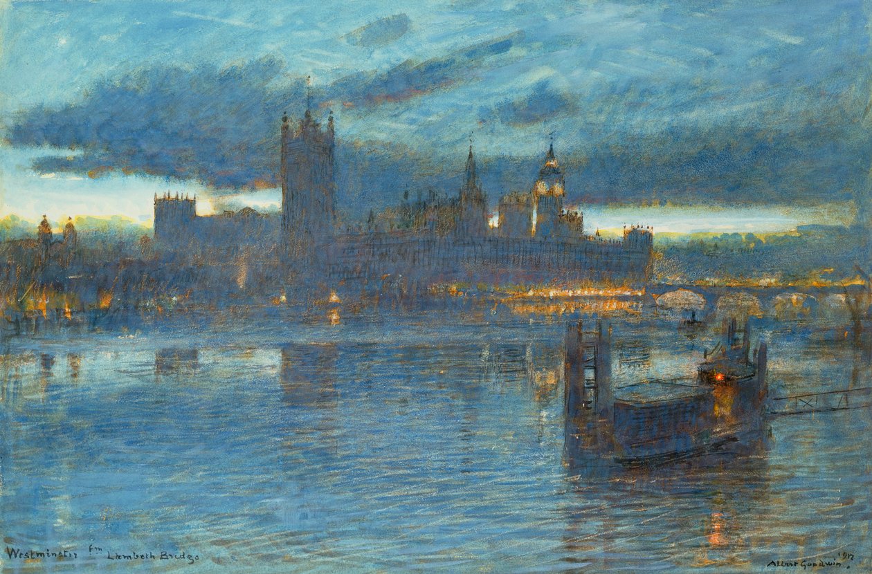 Westminster a Lambeth hídról, 1912 (toll és tus, wc-vel, papírra) alkotó: Albert Goodwin