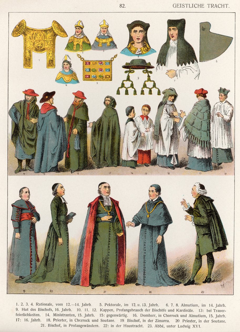 Egyházi ruha, 1100-1500 körül, „Trachten der Voelker”, 1864 (színes litográfia) alkotó: Albert Kretschmer