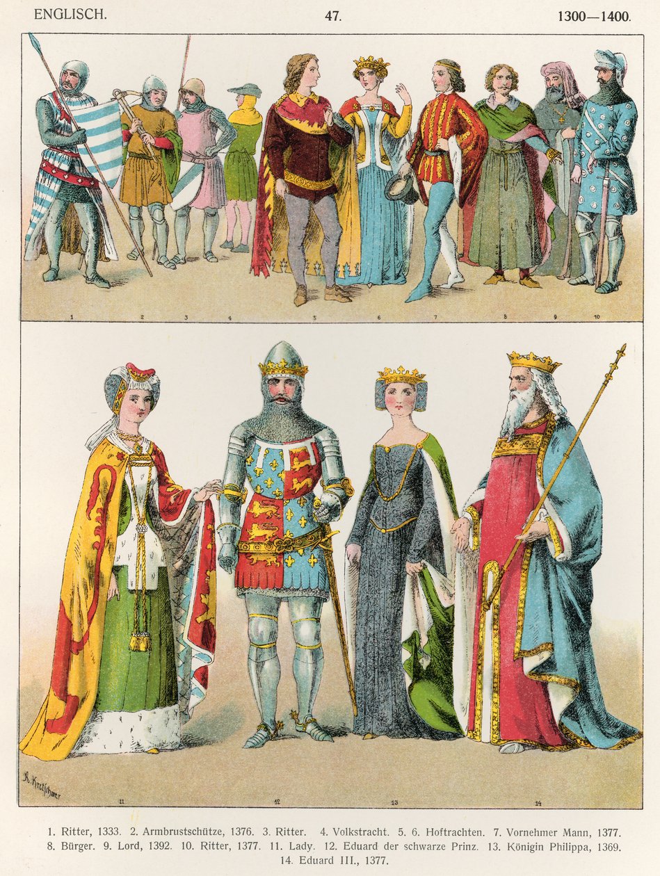 Angol ruha, 1300-1400 körül, "Trachten der Voelker", 1864 alkotó: Albert Kretschmer