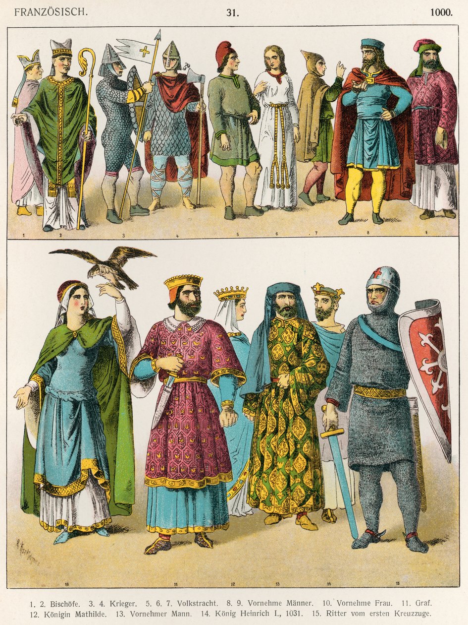 Francia ruha, 1000 körül, a „Trachten der Voelker”-ből, 1864 alkotó: Albert Kretschmer