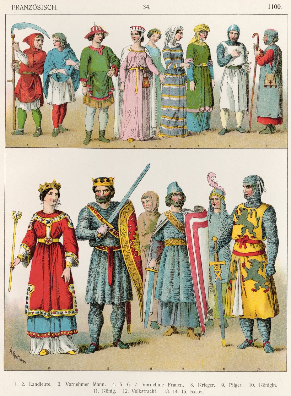 Francia ruha, 1100 körül, a „Trachten der Voelker”-ből, 1864 alkotó: Albert Kretschmer