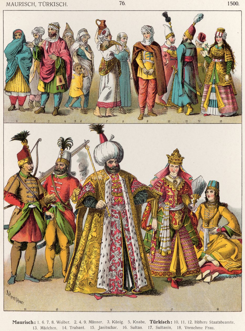 Mór és török ruha, 1500 körül, a „Trachten der Voelker”-ből, 1864 alkotó: Albert Kretschmer