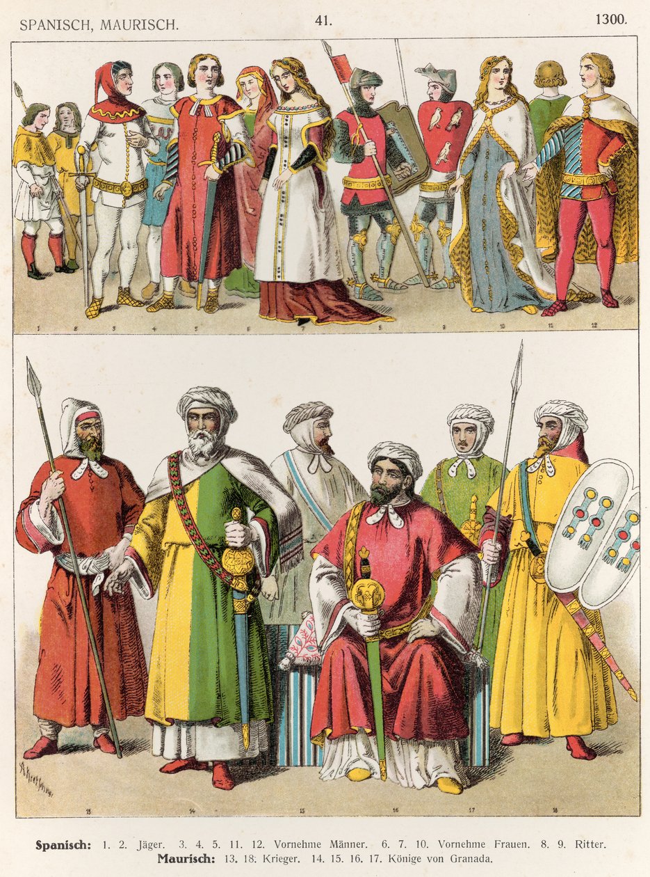 Spanyol és mór ruha, 1300 körül, „Trachten der Voelker”, 1864 (színes litográfia) alkotó: Albert Kretschmer