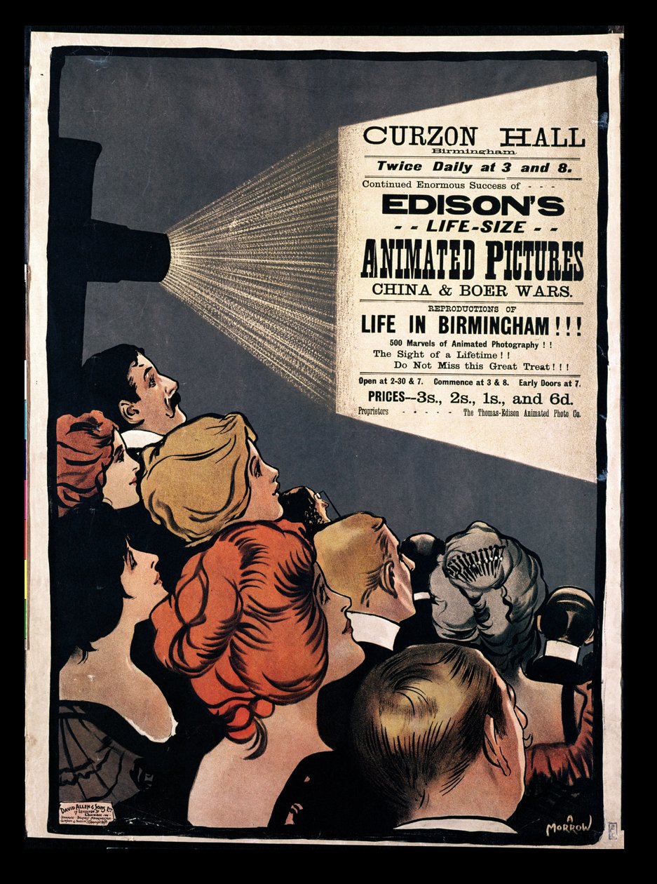 Plakát, amely Edison életnagyságú animációs filmjeit reklámozza, Kína és a búr háborúk a birminghami Curzon Hallban. alkotó: Albert Morrow