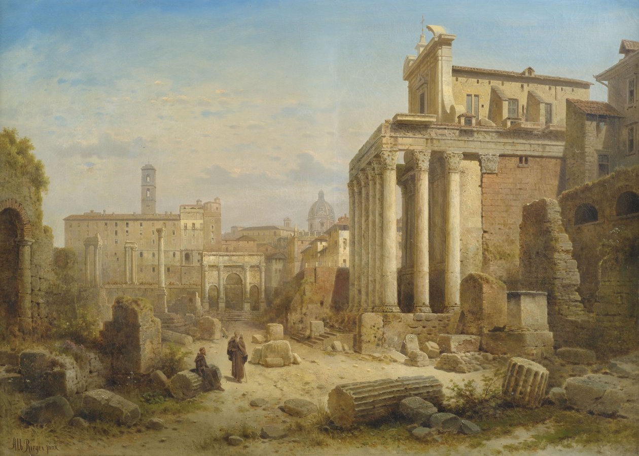 Kilátás a római fórumra, Septimius Perselus ívével, valamint Faustina és Antonius Pius templomával. alkotó: Albert Rieger